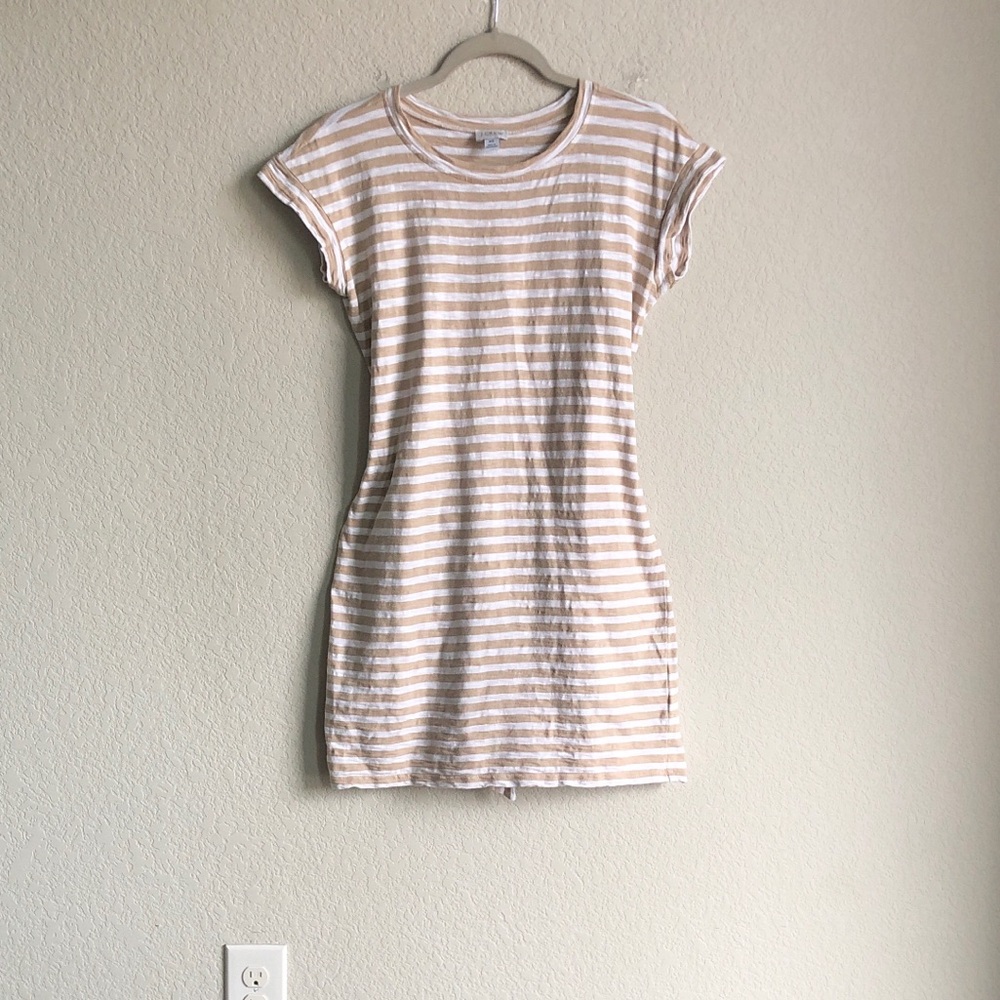 J Crew Striped Tie Waist Mini Dress Slub Cotton White Tan XS CI225